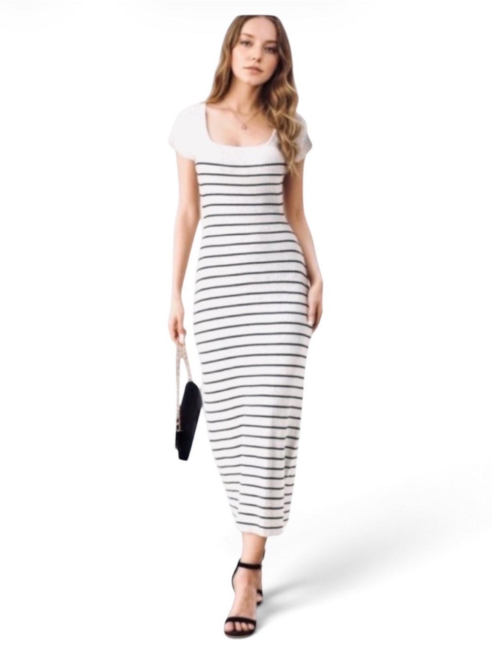 NWT Seta T Striped Minimalist White Black Square Neck Maxi Dress Size XL